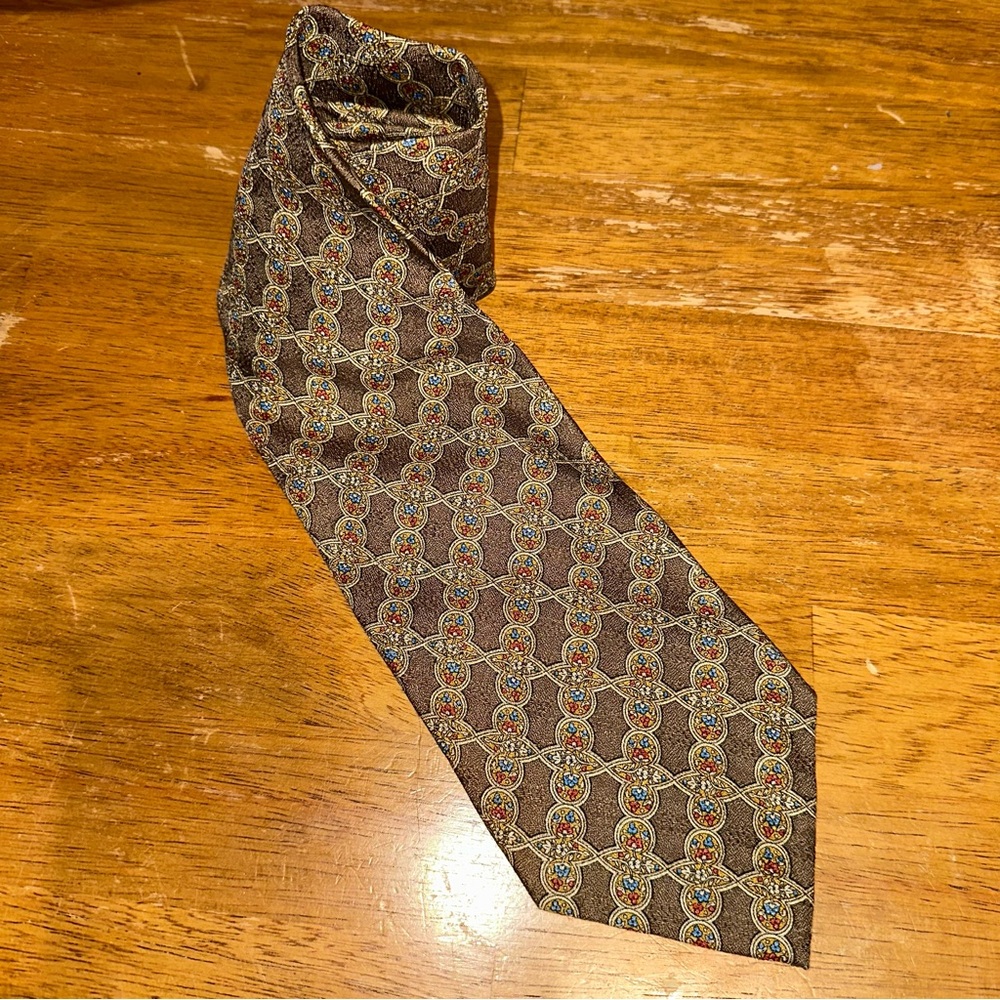 Vintage Valentino Cravatte Rare Geometric Print Brown Gold Grey